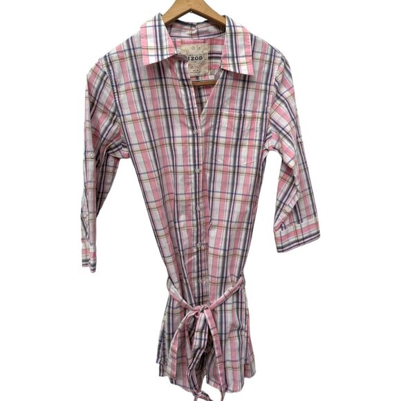 Vintage Y2K Izod 100% Cotton Pink Preppy Plaid Button Down Belted Shirt Dress S - Picture 1 of 5